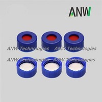 [해외] ANW HPLC LC GC 9-425 Screw Thread Vial Caps, 9 mm, PTFE/Silicone Septa, Blue, Polypropylene, 6 mm Central Hole, 100 pcs/pk