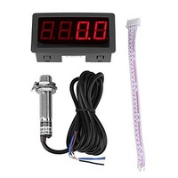 [해외] 4 Digital LED Tachometer, Digital RPM Tachometer Speed Meter + Hall Proximity Switch Sensor for Measuring Temperature and Pressure, Red/Blue(Red)