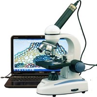 [해외] AmScope M158C-E Compound Monocular Microscope, WF10x and WF25x Eyepieces, 40x-1000x Magnification, Brightfield, LED Illumination, Plain Stage, 110V, Includes 0.3MP Camera and Softw