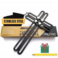 [해외] PILPOC Stainless Steel Multi Angle Measuring Ruler, Stainless Steel Black Unbreakable Thick Angle Ruler Template Tool, Laser Etched Markings, Carpenter Pencil, Cloth Case and Box