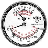 [해외] Winters TTD Series Steel Dual Scale Tridicator Thermometer with 2 Stem, 0-75psi/kpa, 2-1/2 Dial Display, Â±3-2-3% Accuracy, 1/4 NPT Back Mount, 70-320 Deg F/C