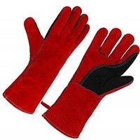 [해외] OLSONDEEPAK Welding Gloves with Kevlar Stitching, Genuine Leather Extreme Heat Resistant Glove for Fireplace, Stove,Oven,Grill, BBQ, Mig, Pot Holder, Animal Handling (Red)