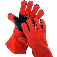 [해외] NoCry Heavy Duty Heat Resistant and Flame Retardant Welding and BBQ Gloves, Premium Cowhide Leather, Long 14 inch Forearm Protection. Red, Size Large